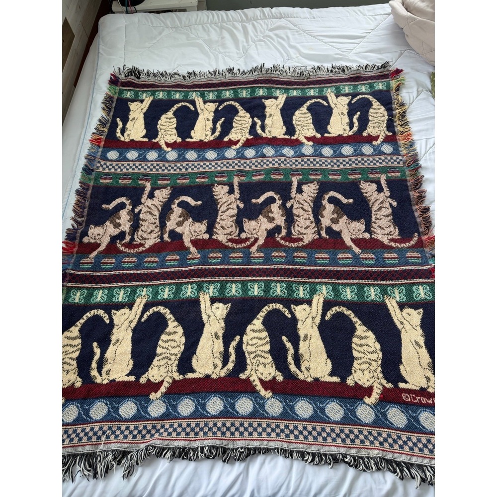 Vintage Crown Crafts Cat Tapestry Throw‎ Blanket Woven Fringe Cottagecore Kitty
